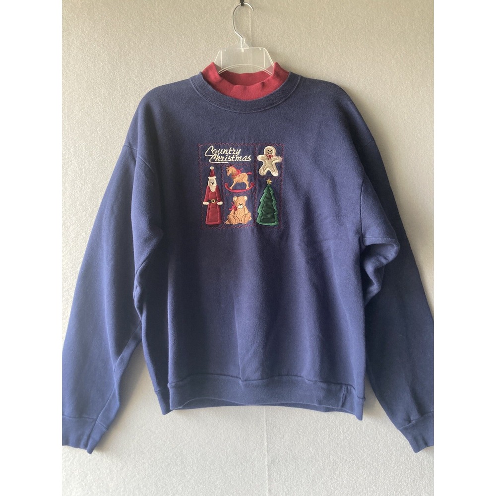 MC Sportswear Women's Sweater L Blue Country Christmas Embroidered USA 2421
